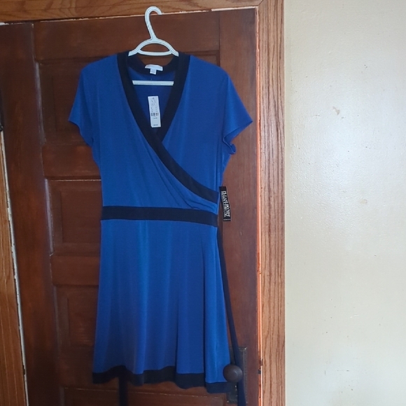New York & Company Blue Fit and Flare Mini Dress with Flutter Sleeves - Picture 1 of 10